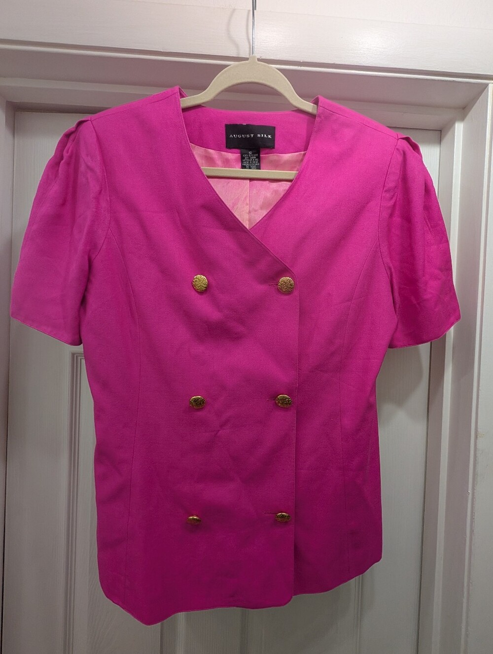 August Silk Vintage 100% Silk Double-Breasted Top Size L | Fuchsia Pink & Gold